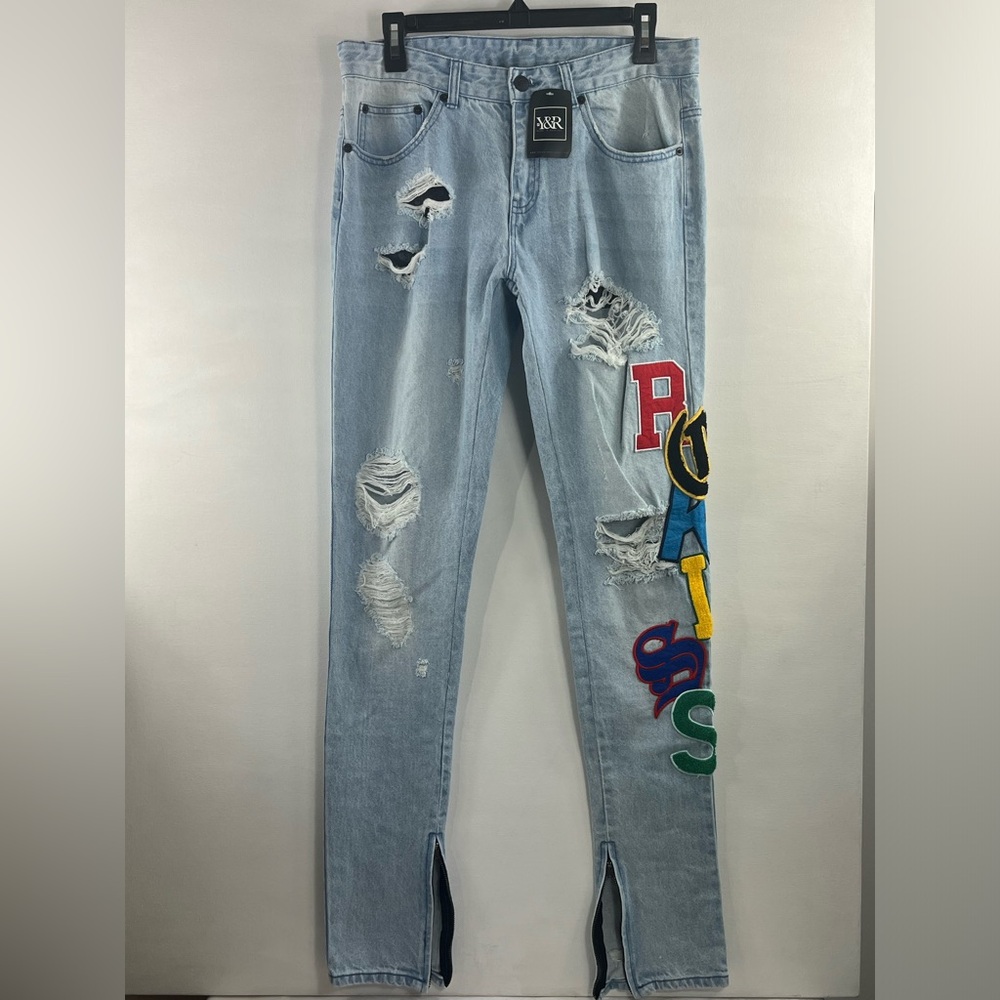 Young & Reckless Men’s Light Wash Distressed Denim Jeans Ankle Zip Sz 31 NWT